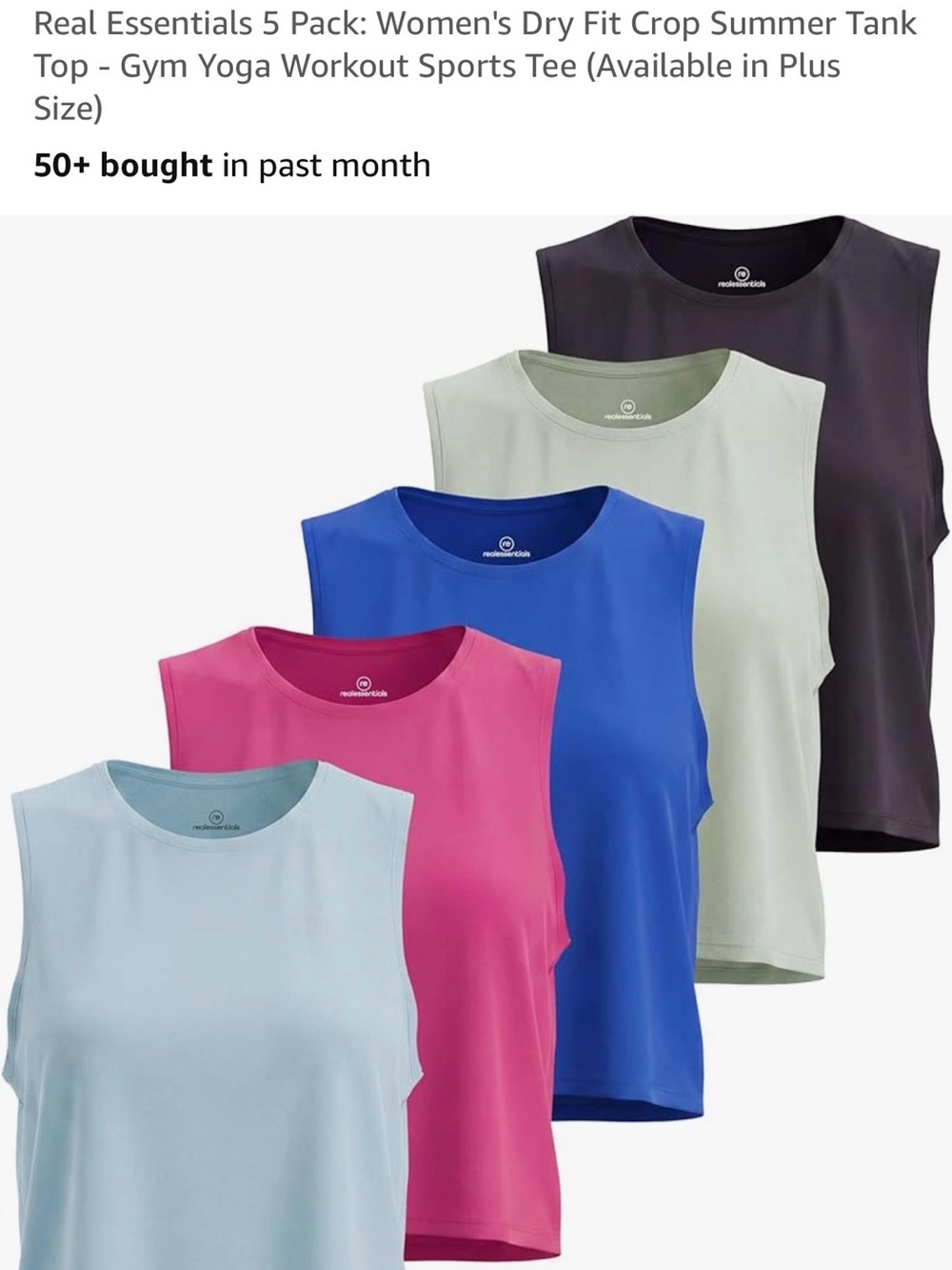 Real Essentials Dry Fit Crop Tank: Pink, Blue, Light Blue, Sage, Black - Small